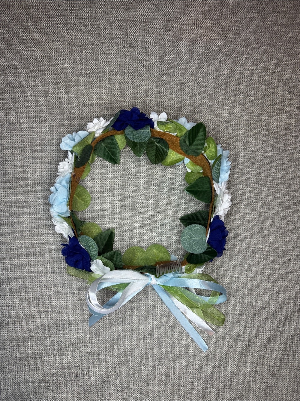 Floral Leaf Crown Headband with Blue and White Blooms